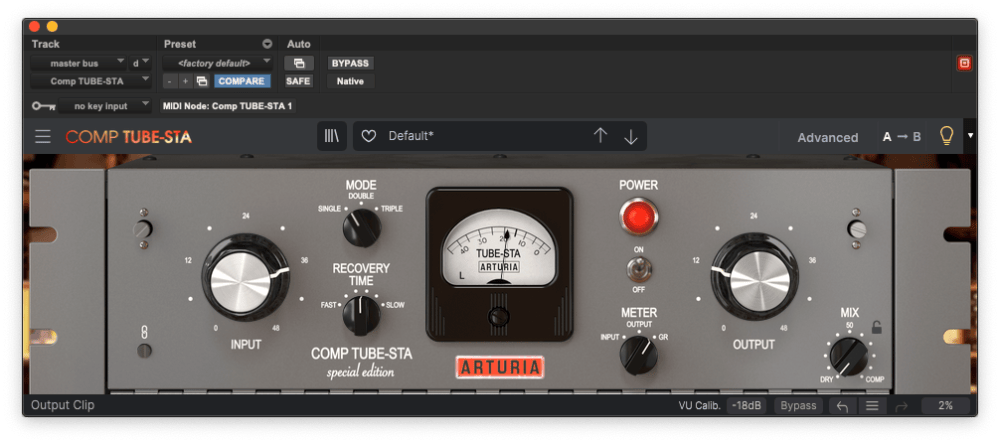 Arturia Comp TUBE-STA plugin interface showing input, recovery time, mode selector, VU meter, output, and mix controls on a vintage-style tube compressor emulation