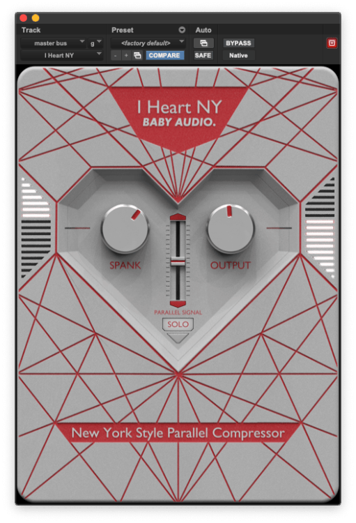 Baby Audio I Heart NY parallel compressor plugin interface with spank and output knobs, parallel signal level meter, and solo button for isolating the compressed signal in a New York style parallel compression workflow
