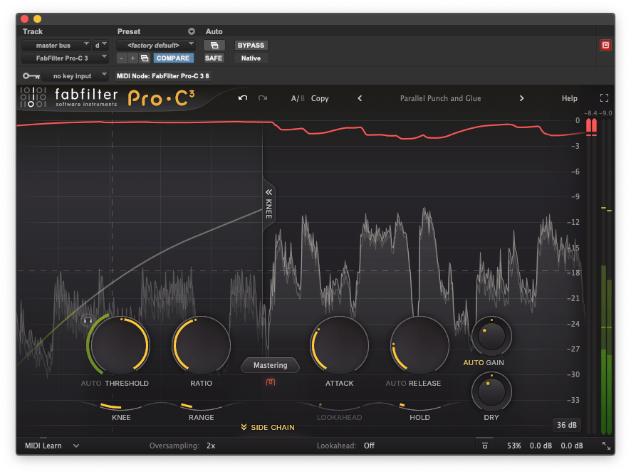 FabFilter Pro-C 3 compressor plugin in Mastering mode showing real-time gain reduction display, threshold, ratio, attack, release controls with auto options, separate dry mix knob for parallel compression, and sidechain section with knee, range, lookahead, and hold parameters
