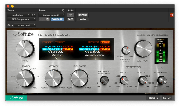 Softube FET Compressor plugin interface with input, ratio, attack, release, output controls, parallel inject mix knob, sidechain detector section, and dual VU meters for input level and gain reduction
