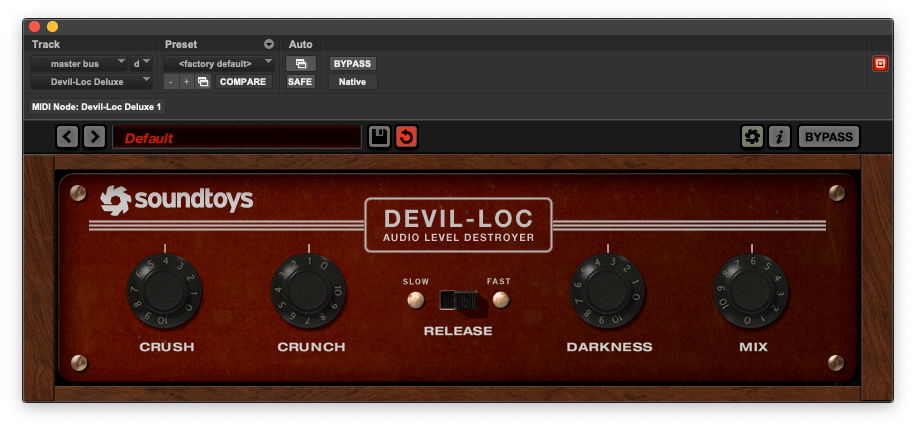 Soundtoys Devil-Loc Deluxe plugin interface with crush, crunch, release toggle, darkness, and mix controls on a vintage wood-panel design for aggressive leveling and distortion effects