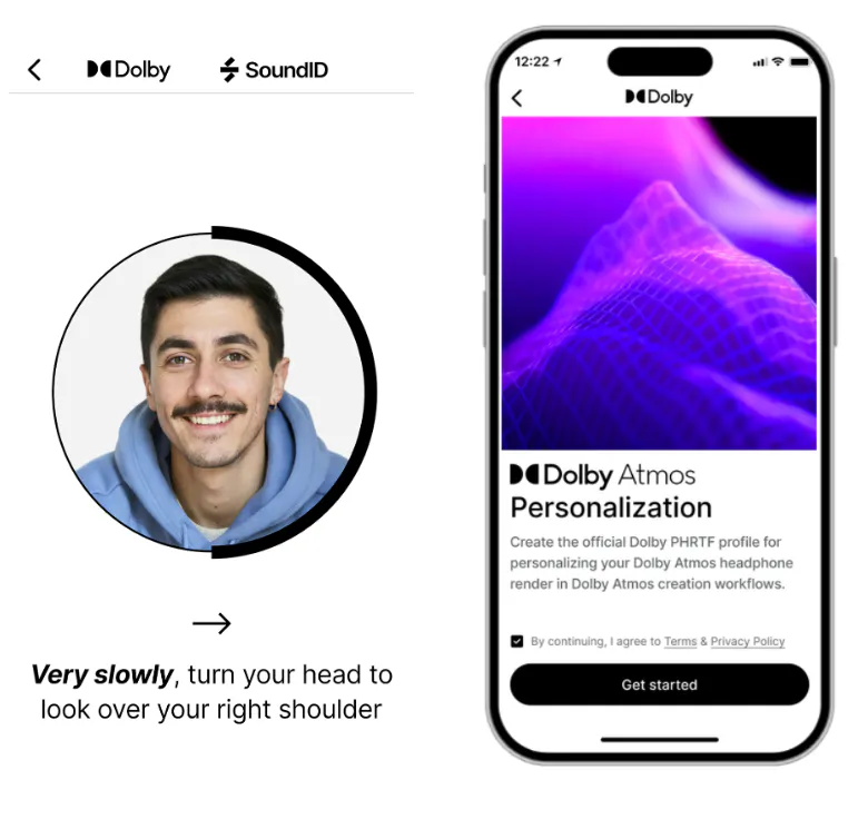 SoundID Tools app showing Dolby Atmos Personalization head scan process on iPhone