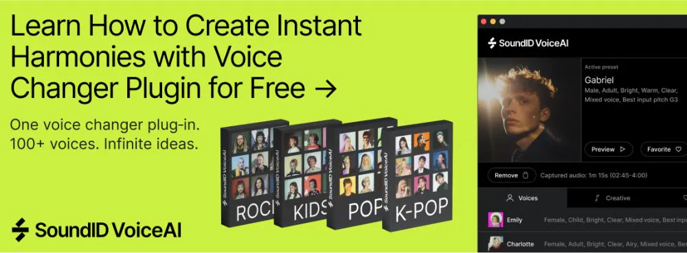 SoundID VoiceAI voice changer plugin — create instant harmonies with 100+ voices including Rock, Kids, Pop and K-Pop voice packs