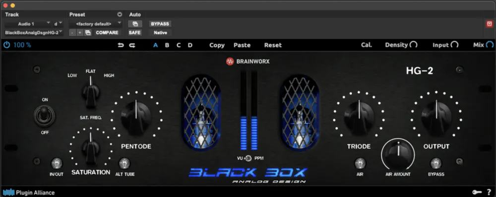 Black Box HG-2 tube saturation plugin by Brainworx showing pentode and triode saturation controls with VU metering