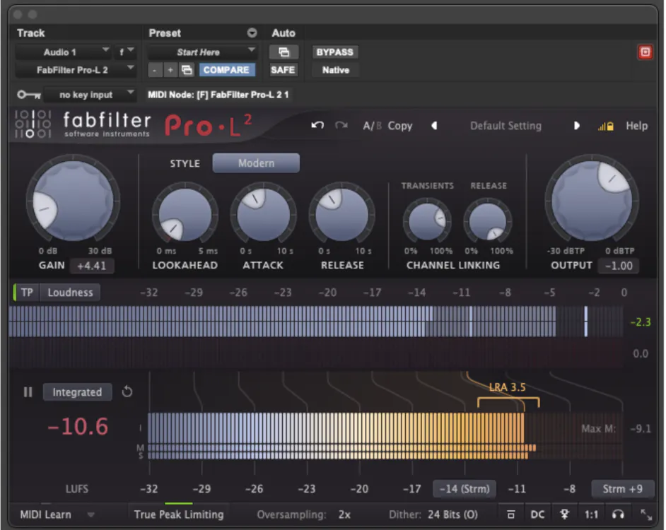 FabFilter Pro-L 2 mastering limiter plugin showing gain, lookahead, true peak limiting, and integrated LUFS loudness metering