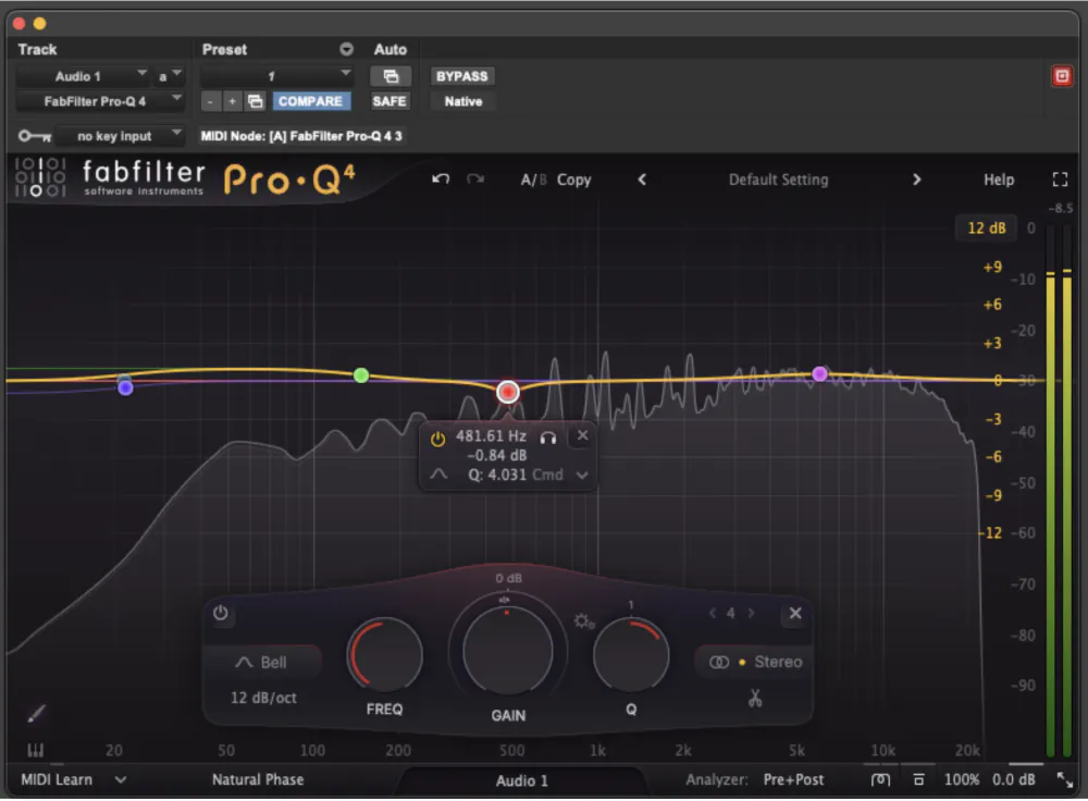 FabFilter Pro-Q 4 parametric equalizer plugin showing mastering EQ curve with bell filter at 481Hz and spectrum analyzer