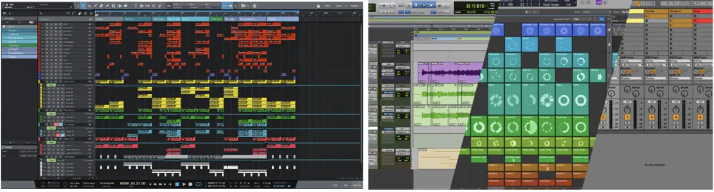 Disorganized versus organized DAW session showing the impact of color coding and track grouping on navigation clarity