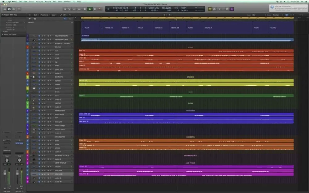 Logic Pro DAW session with color-coded track groups including drums, bass, guitars, keyboards, orchestra, and vocals by category