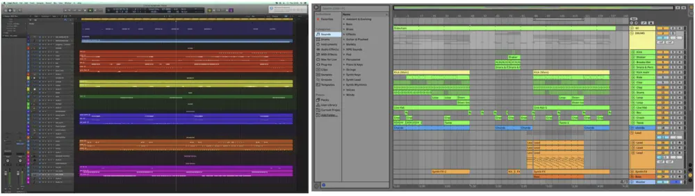 Organized vs disorganized DAW session showing track naming, color coding, and grouping best practices across multiple DAWs