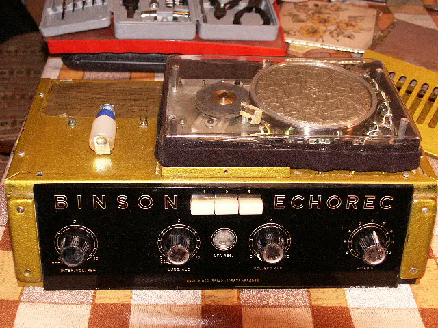 Binson Echorec vintage echo unit with spinning magnetic disc and multiple playback heads used to create delay-based effects