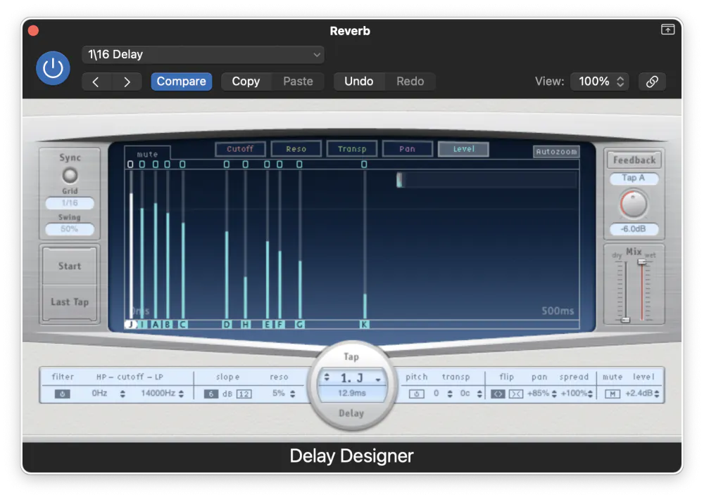 Logic Pro Delay Designer plugin showing multiple delay taps arranged to simulate artificial reverb as a delay-based effect
