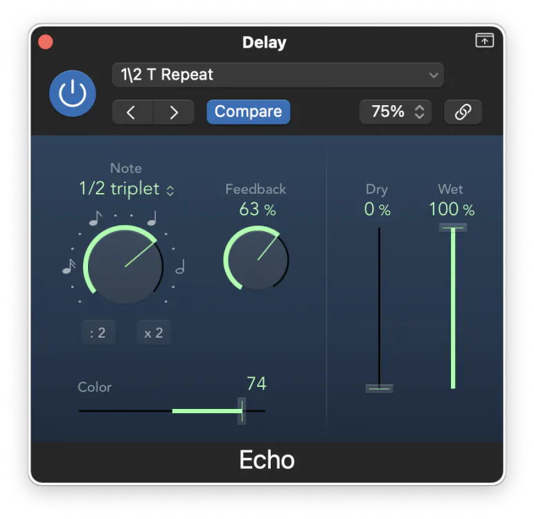 Logic Pro Echo plugin showing Note value, Feedback, Color and Dry/Wet controls for simple delay-based effects