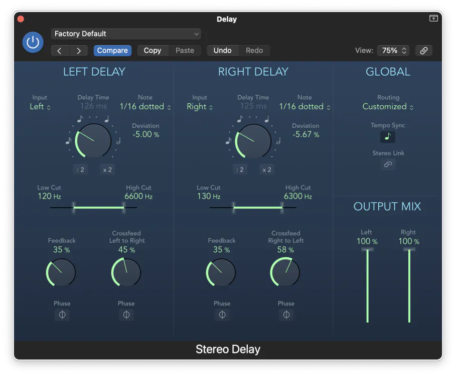 Logic Pro Stereo Delay plugin showing independent left and right channels with Crossfeed and Low/High Cut controls for delay-based effects