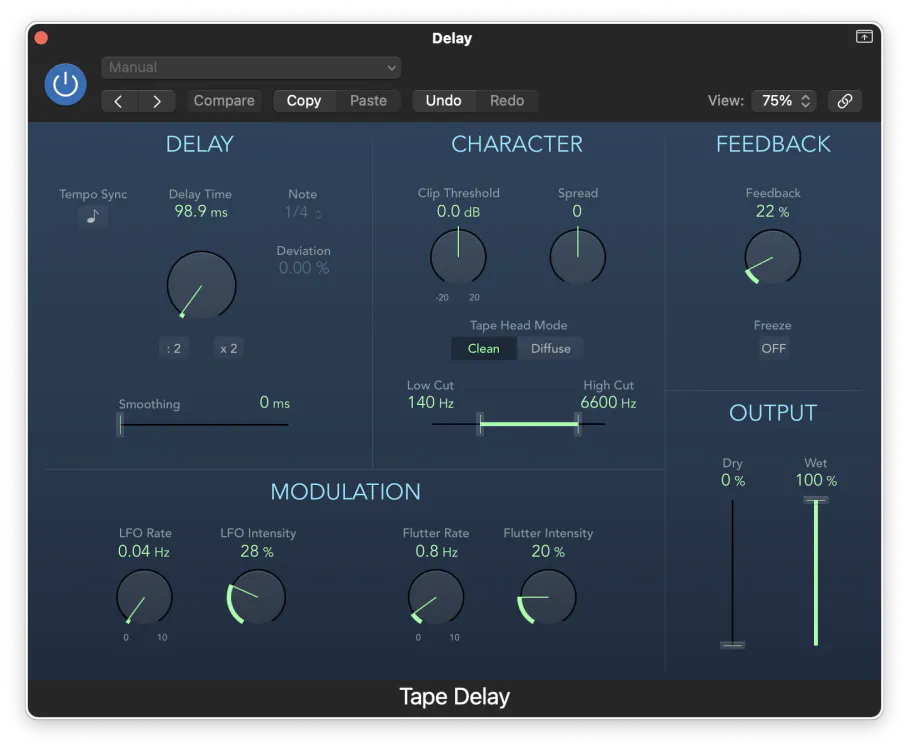 Logic Pro Tape Delay plugin showing Character, Modulation and Feedback sections to emulate tape delay-based effects