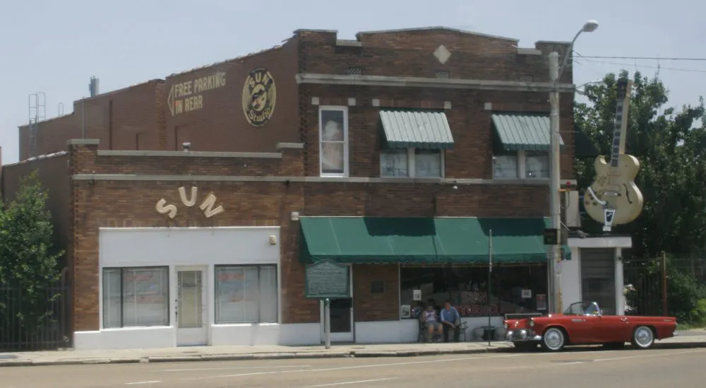 Exterior of Sun Studio in Memphis where Sam Phillips pioneered slapback echo and delay-based effects in the 1950s