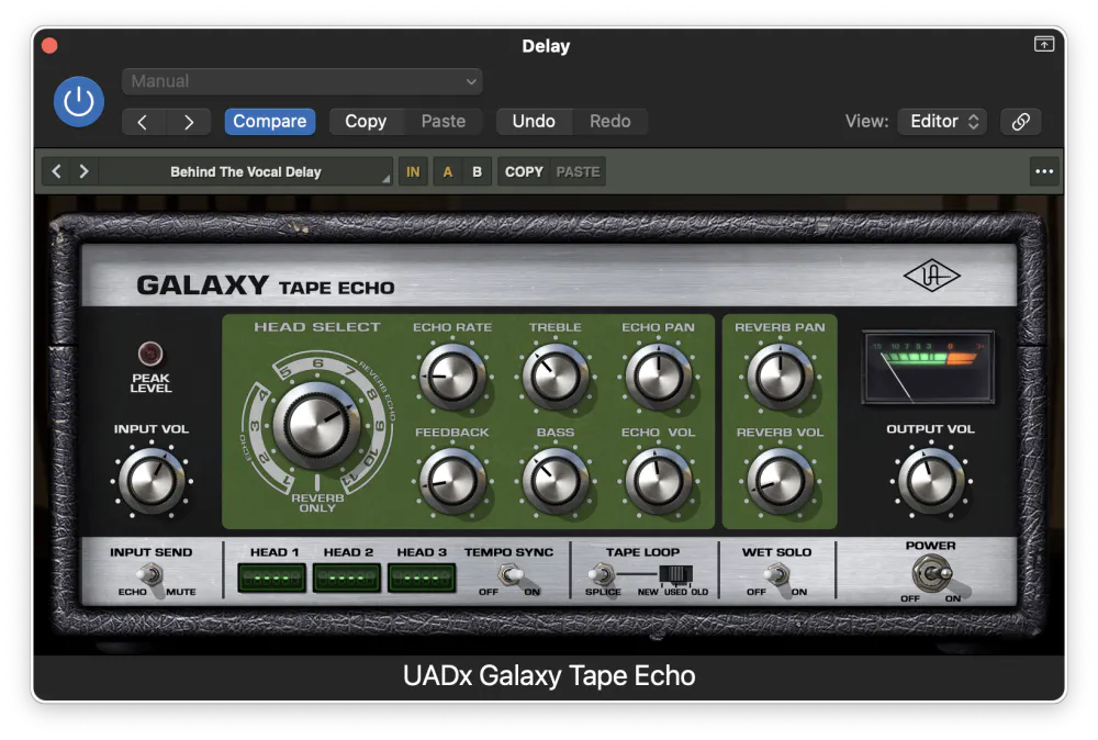UADx Galaxy Tape Echo plugin interface showing Head Select, Echo Rate, Feedback and Reverb controls for shaping delay-based effects