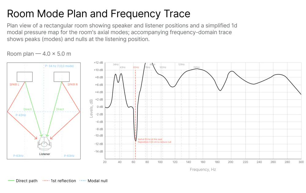 Room mode plan and frequency trace for a 4 by 5 metre rectangular studio showing speaker and listener positions with axial modes at 34 Hz, 43 Hz, and 63 Hz, and a measured null at 63 Hz reaching -12 dB at the listening position with a recommended repositioning of 30 cm to reduce the null
