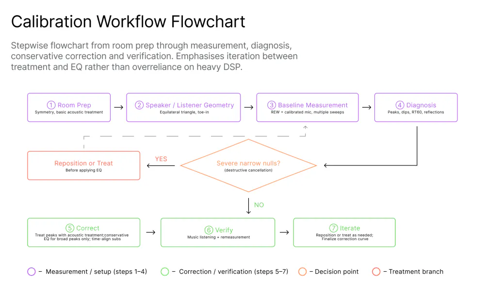 Studio monitor calibration workflow flowchart showing seven steps from room preparation and speaker geometry through baseline measurement, diagnosis, and a decision branch routing severe narrow nulls to repositioning or treatment before proceeding to conservative EQ correction, verification by listening and remeasurement, and final iteration