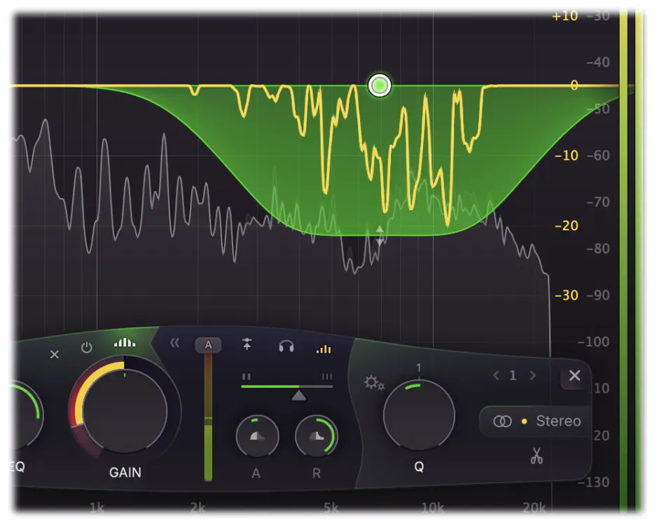 FabFilter Pro-Q 4 Spectral Dynamics band reducing upper-mid frequencies, with gain, attack, release and Q controls