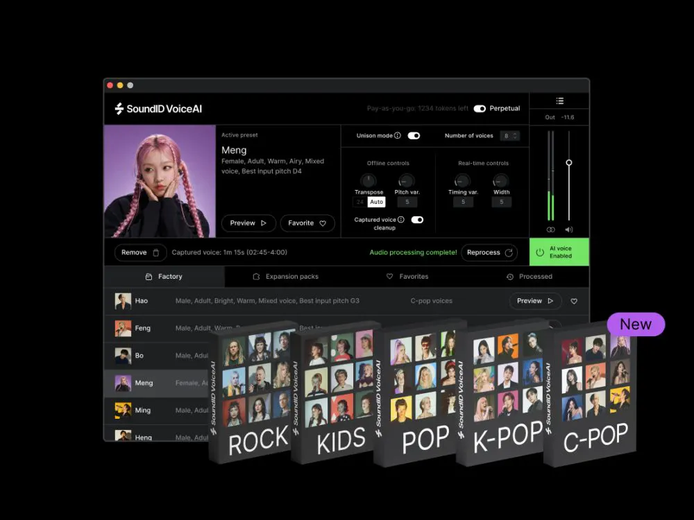 SoundID VoiceAI interface with five new voice packs — Rock, Kids, Pop, K-Pop and C-POP