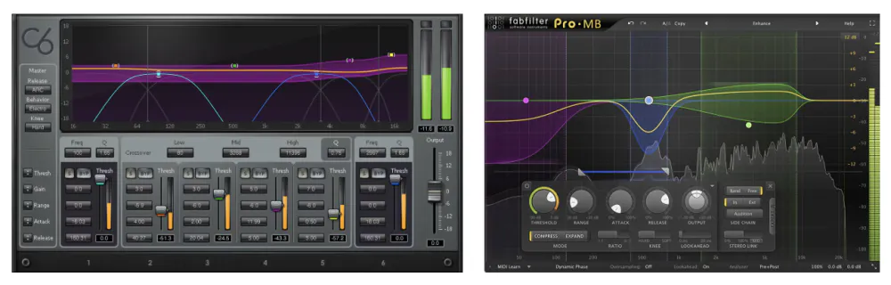 Waves C6 and FabFilter Pro-MB multiband compressors side by side, both used for taming modulation effect buildup