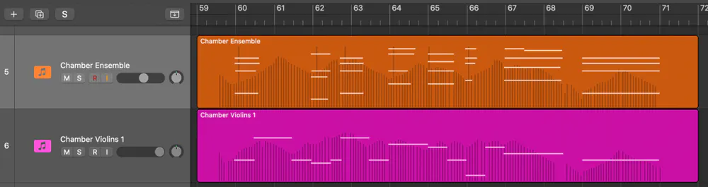 Logic Pro tracks area with a Chamber Ensemble region and a Chamber Violins 1 region across bars 59 to 71, showing MIDI notes over continuous CC data
