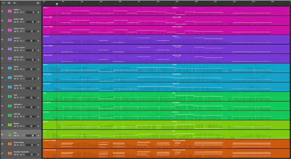 Logic Pro session with 16 MIDI tracks across bars 92 to 104, where each string section is doubled on extra tracks for layered sample libraries, plus a sub-bass synth track and two ensemble tracks