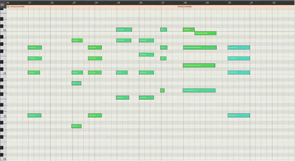 Logic Pro piano roll showing a String Ensemble region across bars 20 to 31, with the chords rewritten as smoother individual lines that move in small steps