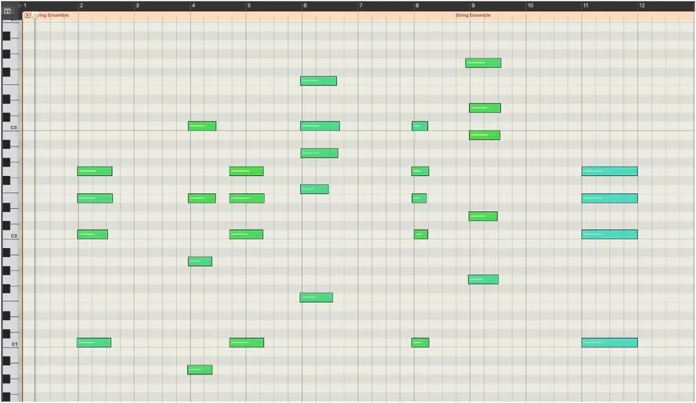 Logic Pro piano roll showing a String Ensemble region with block chords across 12 bars, before the chords were split into smoother individual lines